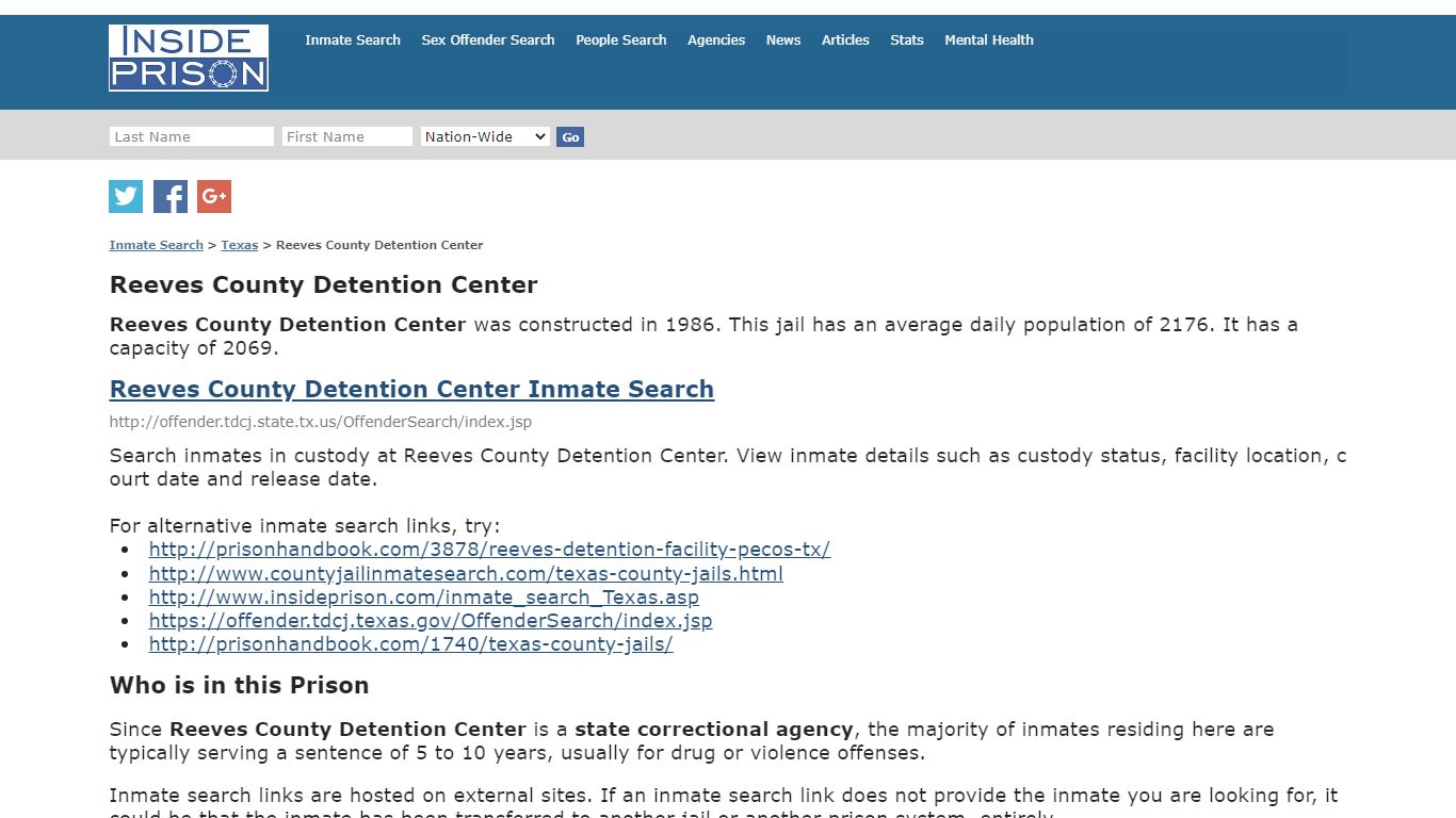 Reeves County Detention Center - Texas - Inmate Search